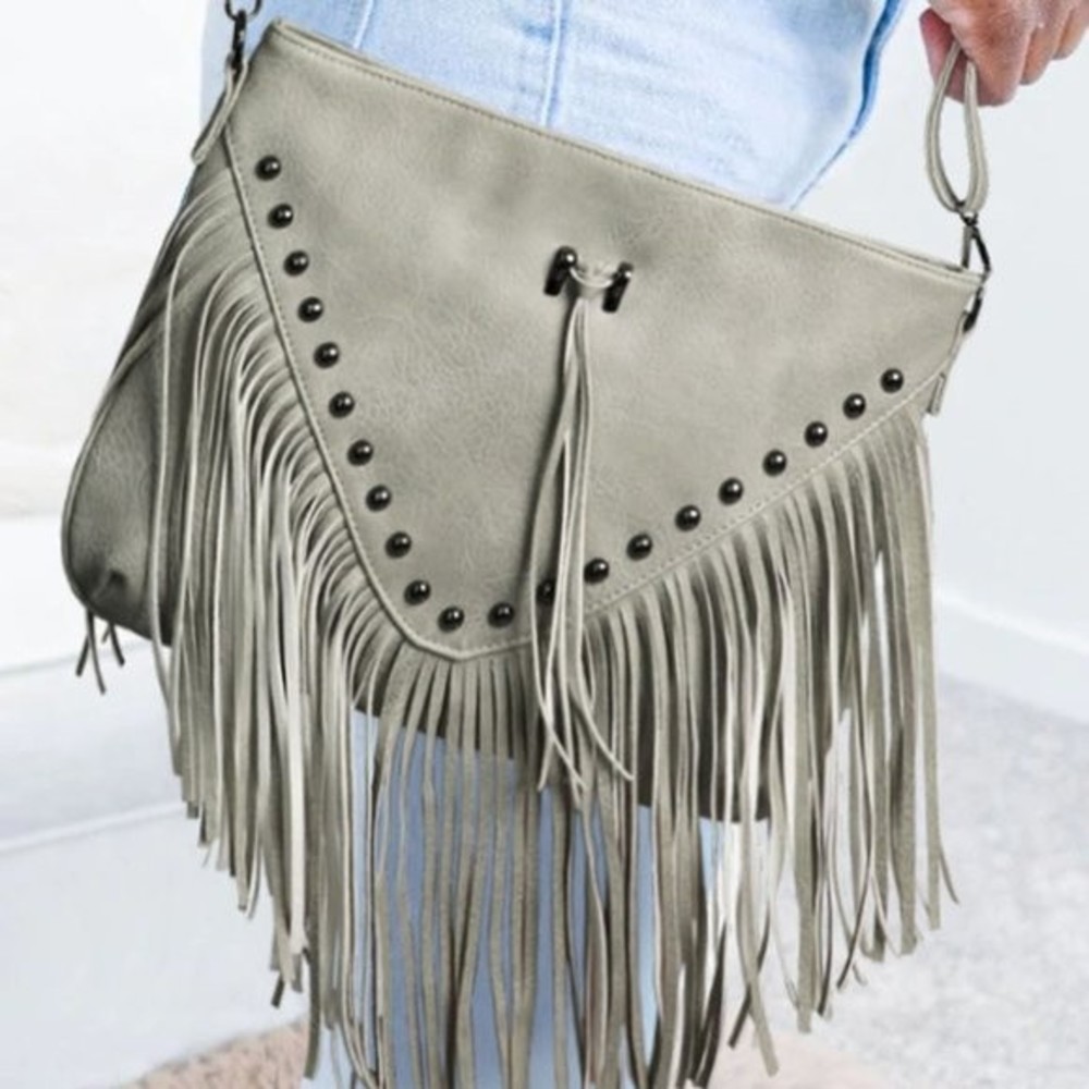 Gray Rivet Fringe Tassel Leatherette Crossbody Bag